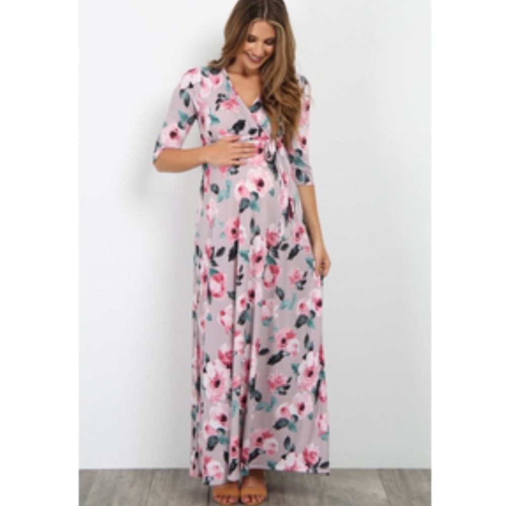 Taupe and Pink Maternity Wrap Dress